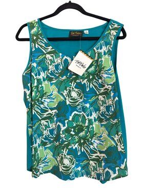 Bob Mackie Wearable Art Floral Tank Top Medium NWT Teal Green Sleeveless Shell